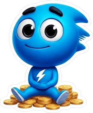 Quicklee mascot sitting on a pile of coins